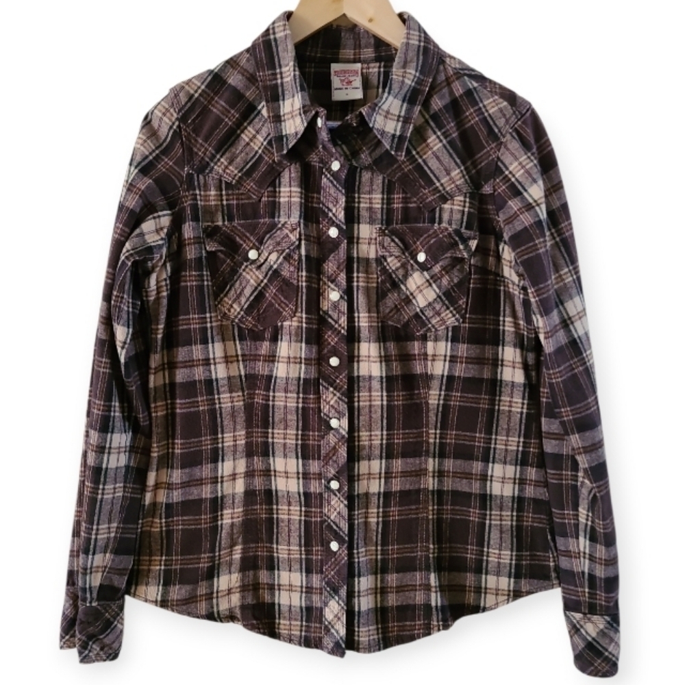 True Religion Women's Plaid Pearl Snap Button Down Top Slim Fit Brown Cream